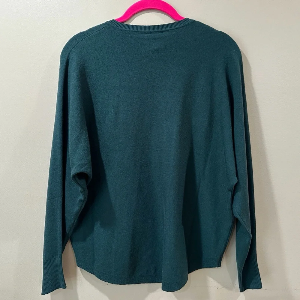 Aaeda Green V-Neck Sweater 3D Flower Appliqué Dolman Sleeve Knit Top Women M New - Picture 2 of 6